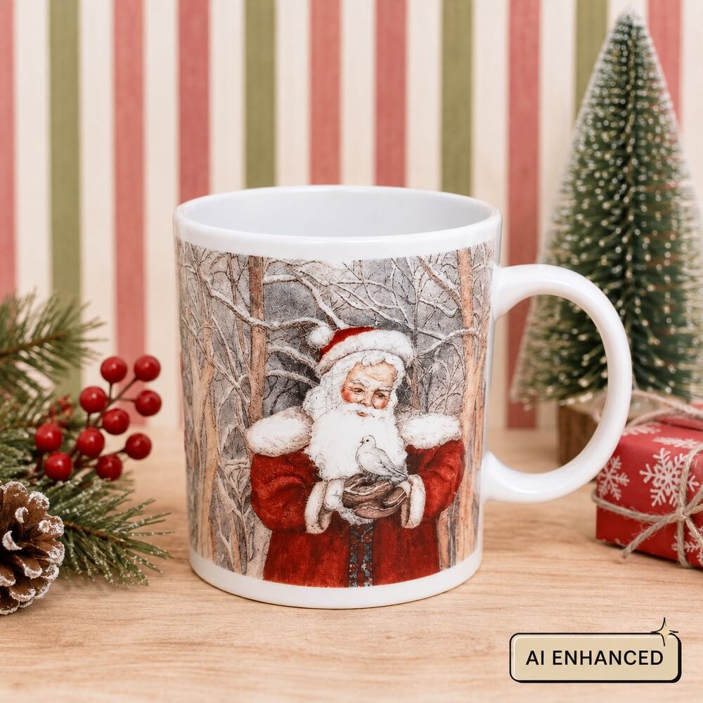 🎅🏻🕊️🌲🎄Vintage Santa Dove Christmas Mug Peaceful Woodland Holiday Coffee Cup